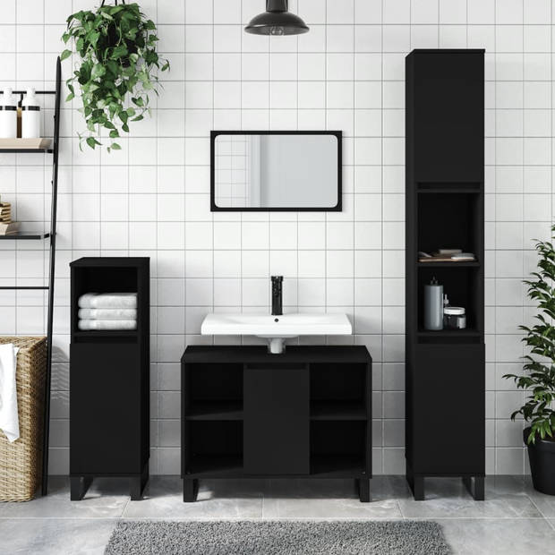The Living Store Badkamermeubelset - zwart - Hoog- 30 x 30 x 190 cm - Laag- 30 x 30 x 100 cm - Wastafelkast 80 x 33 x