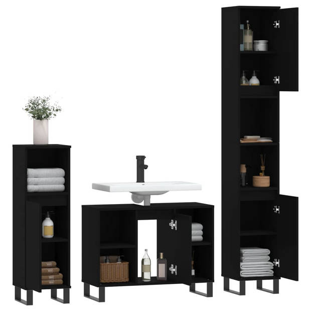 The Living Store Badkamermeubelset - zwart - Hoog- 30 x 30 x 190 cm - Laag- 30 x 30 x 100 cm - Wastafelkast 80 x 33 x