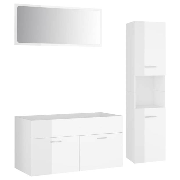 The Living Store Badkamerset - Wastafelkast - Hoge kast - Spiegel - Hoogglans Wit - 90x38.5x46 cm - 30x30x130 cm -