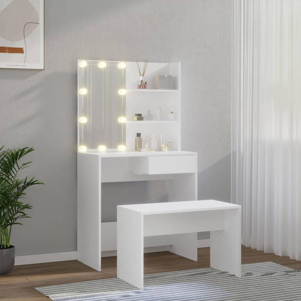 The Living Store Kaptafelset Hout - Make-uptafel met Spiegel - Voldoende Opbergruimte - LED-Verlichting - Wit - 74.5 x