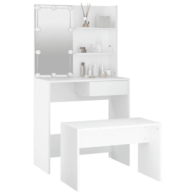 The Living Store Kaptafelset Hout - Make-uptafel met Spiegel - Voldoende Opbergruimte - LED-Verlichting - Wit - 74.5 x