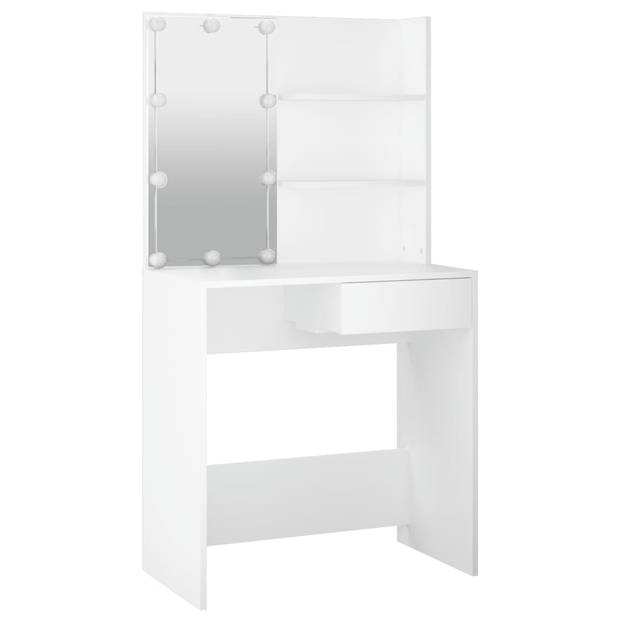 The Living Store Kaptafelset Hout - Make-uptafel met Spiegel - Voldoende Opbergruimte - LED-Verlichting - Wit - 74.5 x