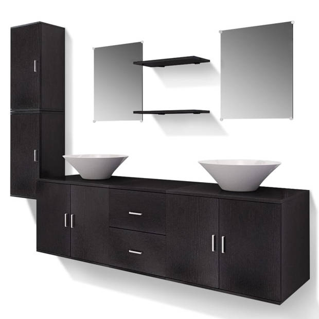 The Living Store Black Bathroom Furniture Set - 1 Wall-mounted Vanity Cabinet - 2 Wall Cabinets - 2 Mirrors - 2