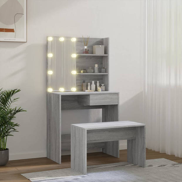 The Living Store Kaptafelset - Grijs Sonoma Eiken - Make-uptafel met spiegel - Genoeg opbergruimte - LED-verlichting -