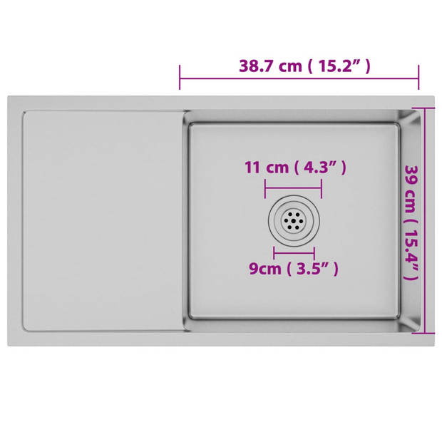 The Living Store Spoelbak - Inclusief afdruipplaat en geluiddempende pads - 75 x 44 x 20 cm - Roestvrij staal met