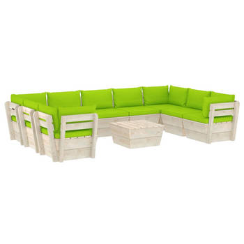 The Living Store Pallet Tuinset - 10-delig - Hout - 60x60x65 cm - Groene kussens