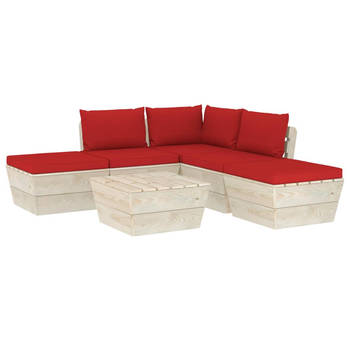 The Living Store Pallet loungeset - 6-delig - hout - rood kussen