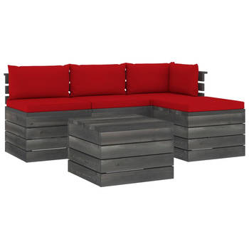 The Living Store Pallet Tuinset - Massief grenenhout - Complete set - Rood kussen - Modulair