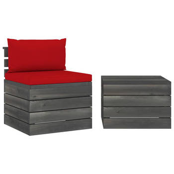 The Living Store Pallet loungeset - 60x65x71.5cm - Massief grenenhout - Rood kussen