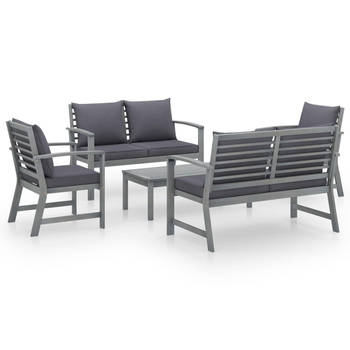 The Living Store Houten Loungeset - grijs - 2 stoelen + 2 bankjes - afneembare kussens - acaciahout - 100x50x33 cm