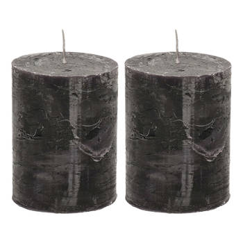 Stompkaars/cilinderkaars - 2x - zwart - 7 x 9 cm - middel rustiek model - Stompkaarsen