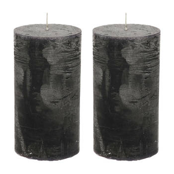 Stompkaars/cilinderkaars - 2x - zwart - 7 x 13 cm - rustiek model - Stompkaarsen
