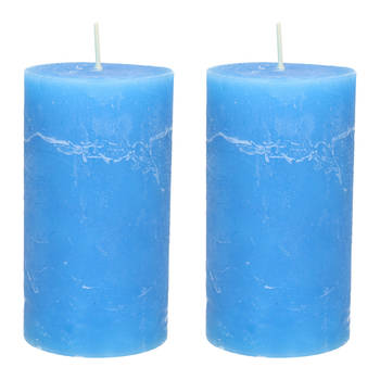Stompkaars/cilinderkaars - 2x - helder blauw - 7 x 13 cm - rustiek model - Stompkaarsen