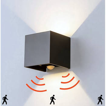 Goliving buitenlamp met bewegingssensor – Wandlamp zwart binnen/buiten – Kubuslamp – Waterdichte LED - Energiezuinig