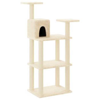 The Living Store Kattenboom - crème - 66 x 41 x 119 cm - met krabpalen - platformen en huisje - bewerkt hout - pluche