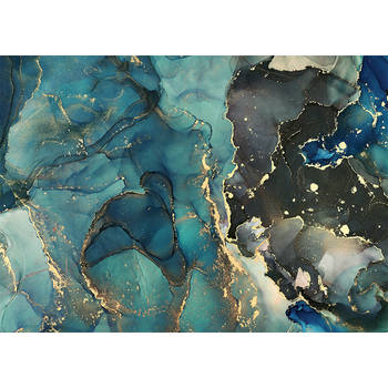 Inductiebeschermer - Blauw Grijs Goud Marmer - 56x38 cm