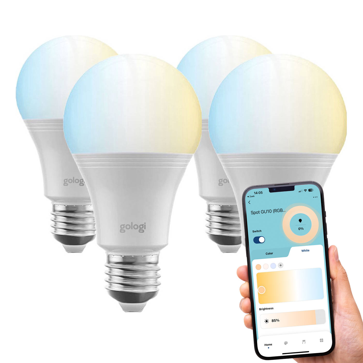 Gologi Slimme E27 Bulb Lamp - Smart WiFi - LED - Dimbaar - CCT - Mobiele App - Sfeerverlichting - 800 lumen - 4 stuks
