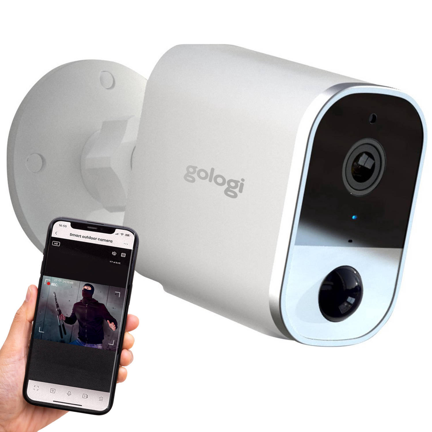 Gologi draadloze camera op accu Beveiligingscamera Nachtzicht WiFi camera Oplaadbaar 32GB SD-kaart W