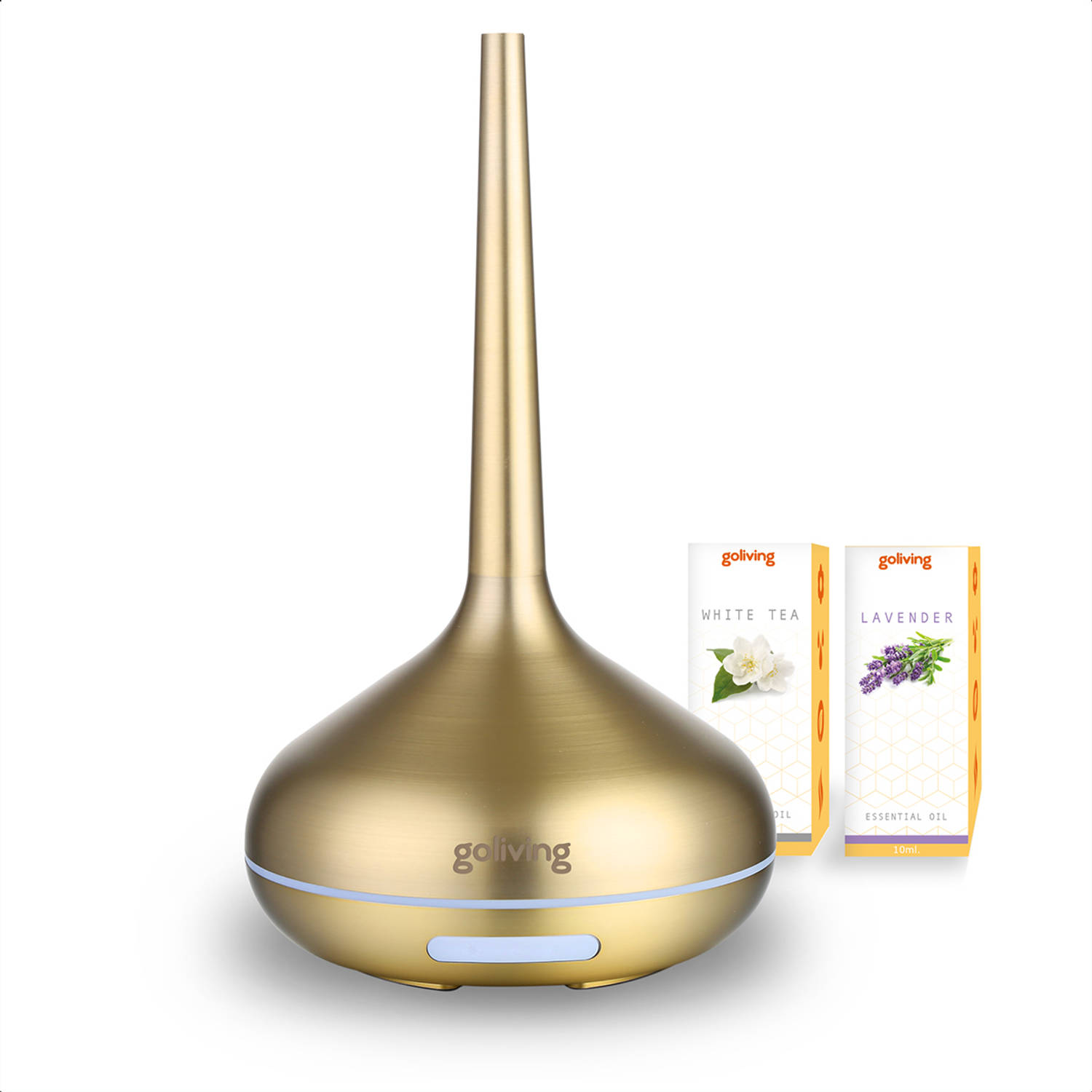 Goliving Aroma Diffuser Luchtbevochtiger Aromatherapie Incl. 2x Etherische Olie 10 LED kleuren Goud