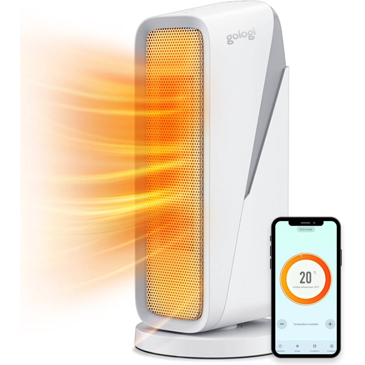 Gologi ventilatorkachel met thermostaat - Kachel elektrisch - Verwarming - Heater - Werkt met app en touch bediening - 1500W