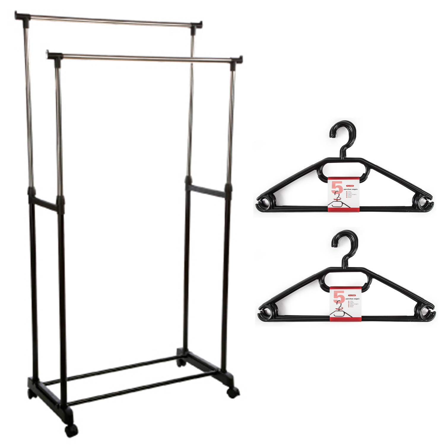 Kledingrek met kleding hangers dubbele stang kunststof zwart 80 x 42 x 170 cm Kledingrekken