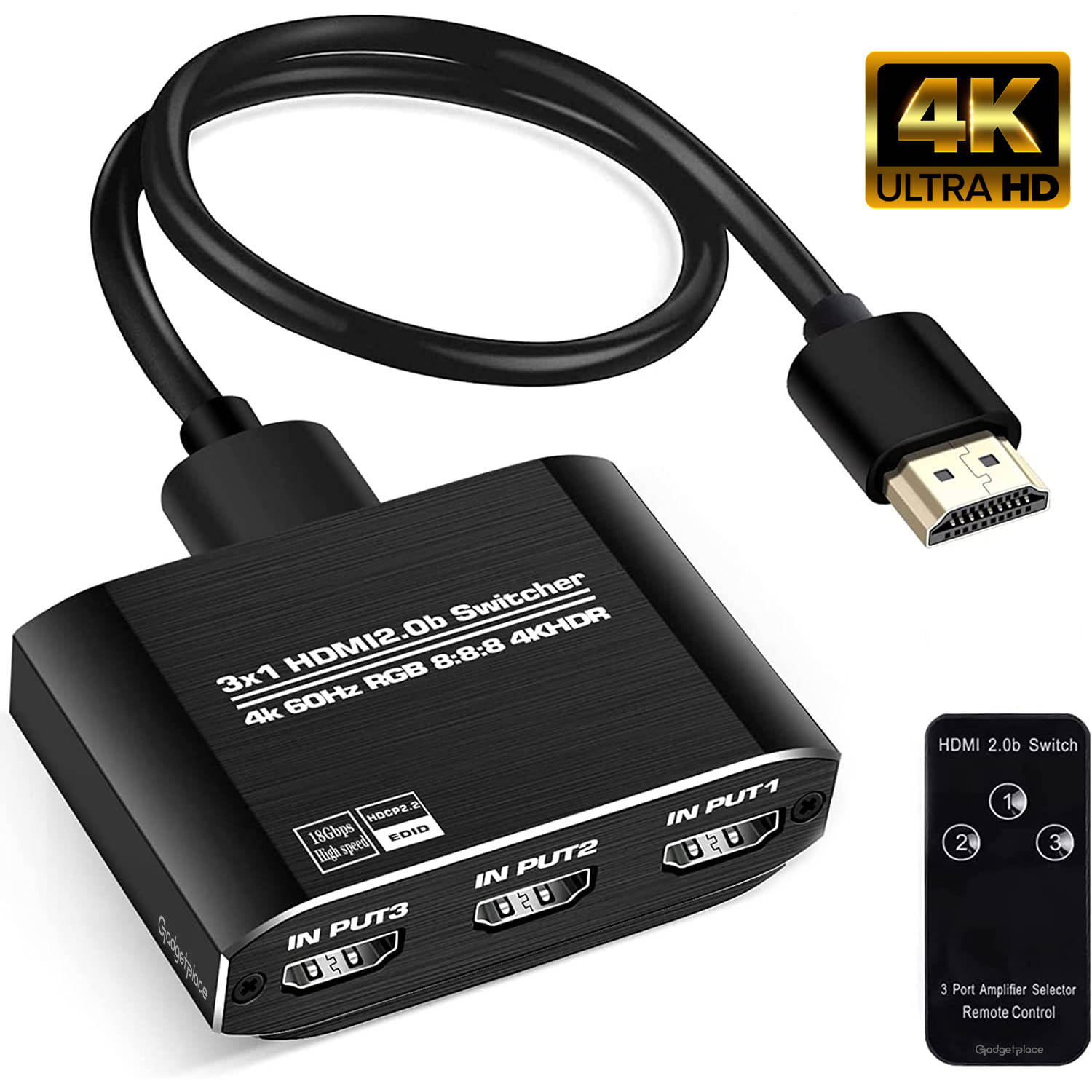 Gadgetplace HDMI Switch Pro met Afstandsbediening 3 in 1 uit HDMI Splitter 4K ultra HD @ 60Hz 1080P 