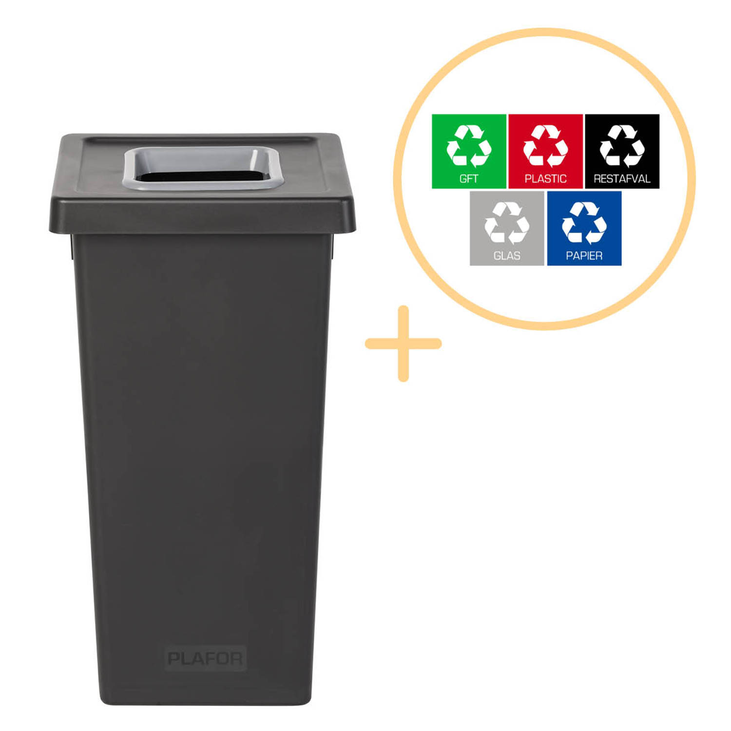 Plafor Fit Bin, Prullenbak voor afvalscheiding - 75L – Zwart/Grijs- Inclusief 5-delige Stickerset - Afvalbak voor gemakkelijk Afval Scheiden en Recycling - Afvalemmer - Vuilnisbak
