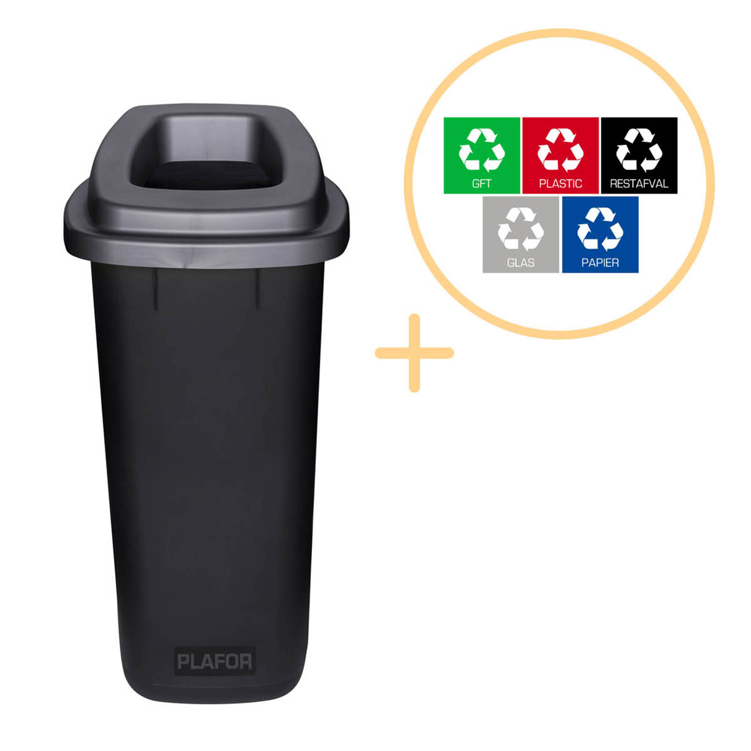 Plafor Sort Bin, Prullenbak voor afvalscheiding - 90L – Zwart- Inclusief 5-delige Stickerset - Afvalbak voor gemakkelijk Afval Scheiden en Recycling - Afvalemmer - Vuilnisbak voor