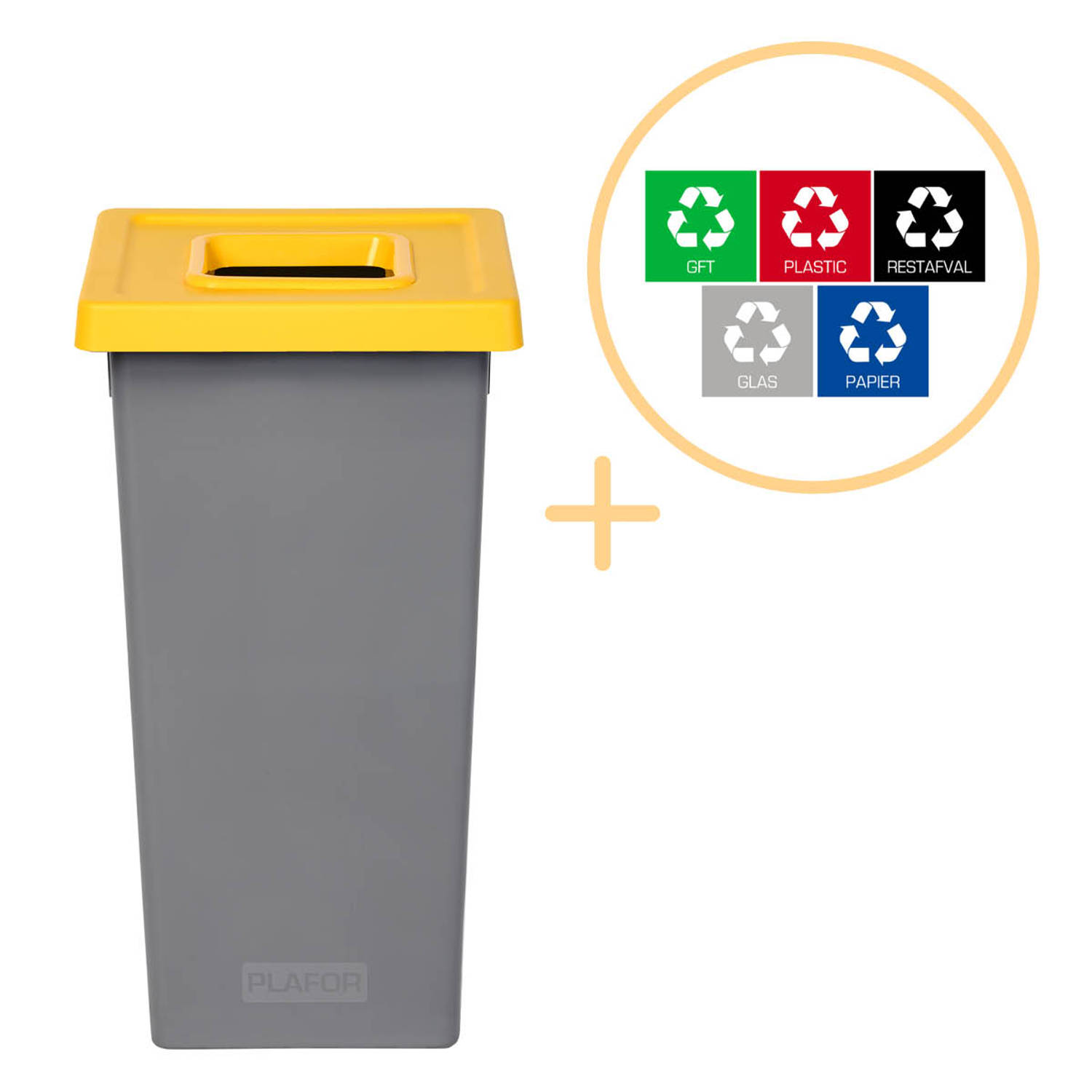 Plafor Fit Bin, Prullenbak voor afvalscheiding - 75L – Grijs/Geel- Inclusief 5-delige Stickerset - Afvalbak voor gemakkelijk Afval Scheiden en Recycling - Afvalemmer - Vuilnisbak v
