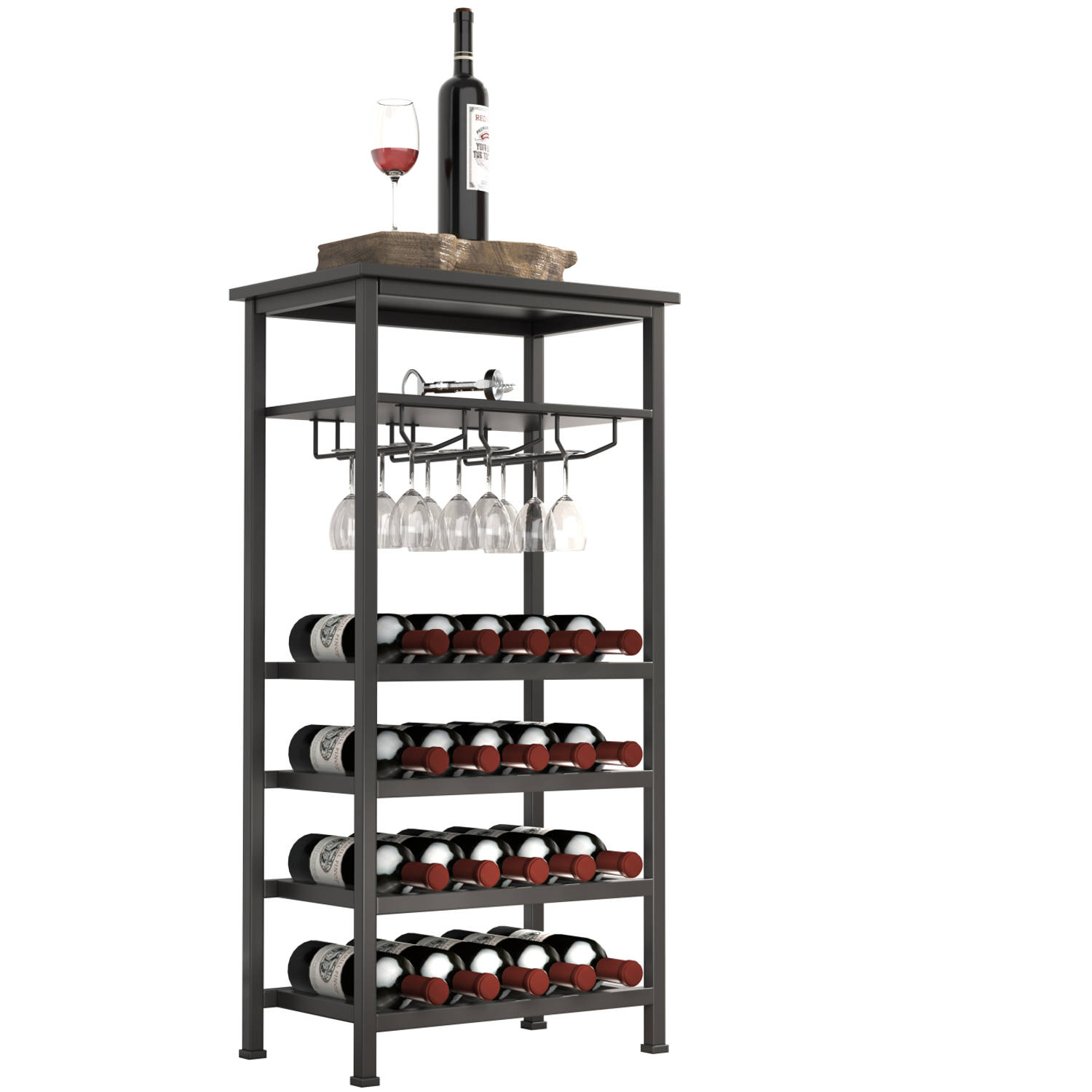 Wijnrek industrieel design wijnkast zwart - rek voor opbergen 20 flessen met glashouder - 50 x 32 x 100 cm