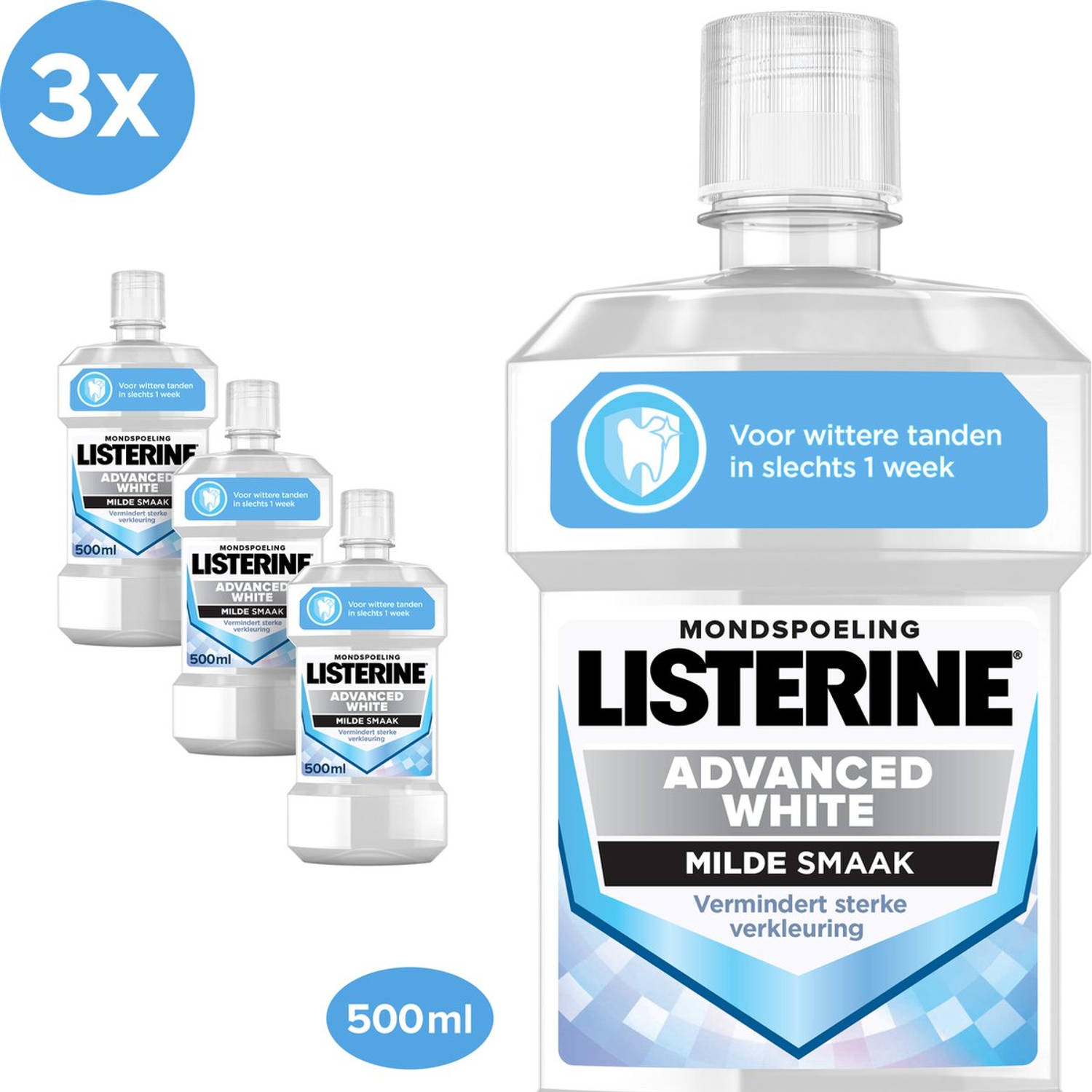 3x Listerine Mondwater Advanced White Mild 500 ml
