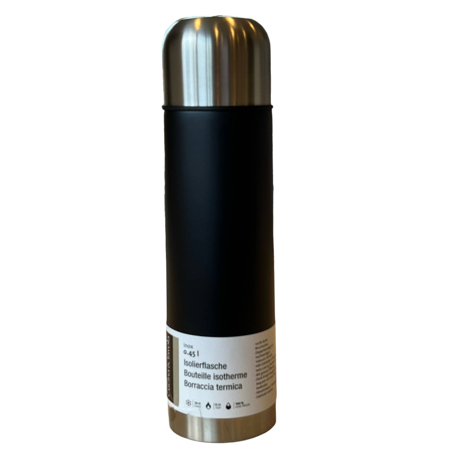 Thermosfles met beker, 0.45 l , zwart, roestvrij staal - 25 x 7 x 7 x cm