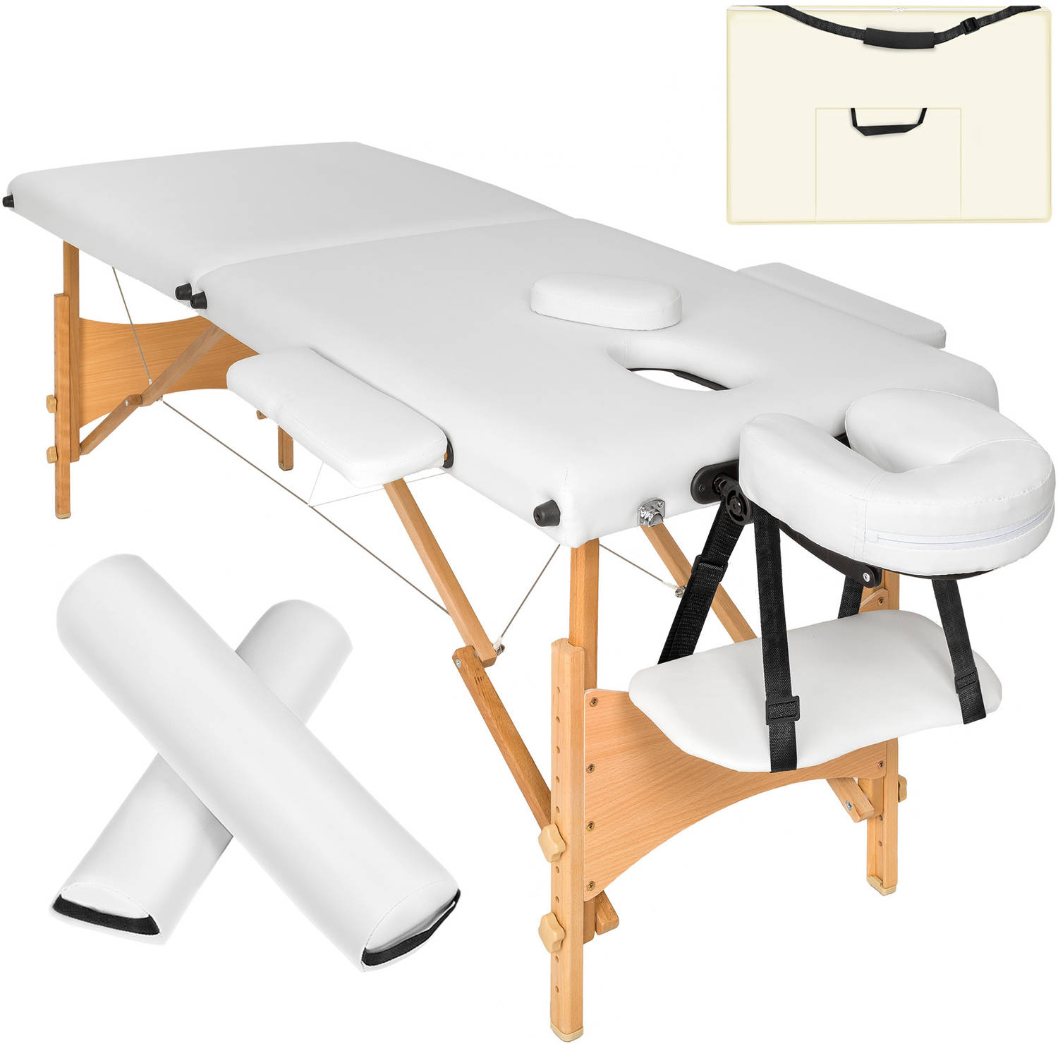 tectake® 2 zones massagetafel-set met 5cm matras, rolkussens en houten frame wit 404746
