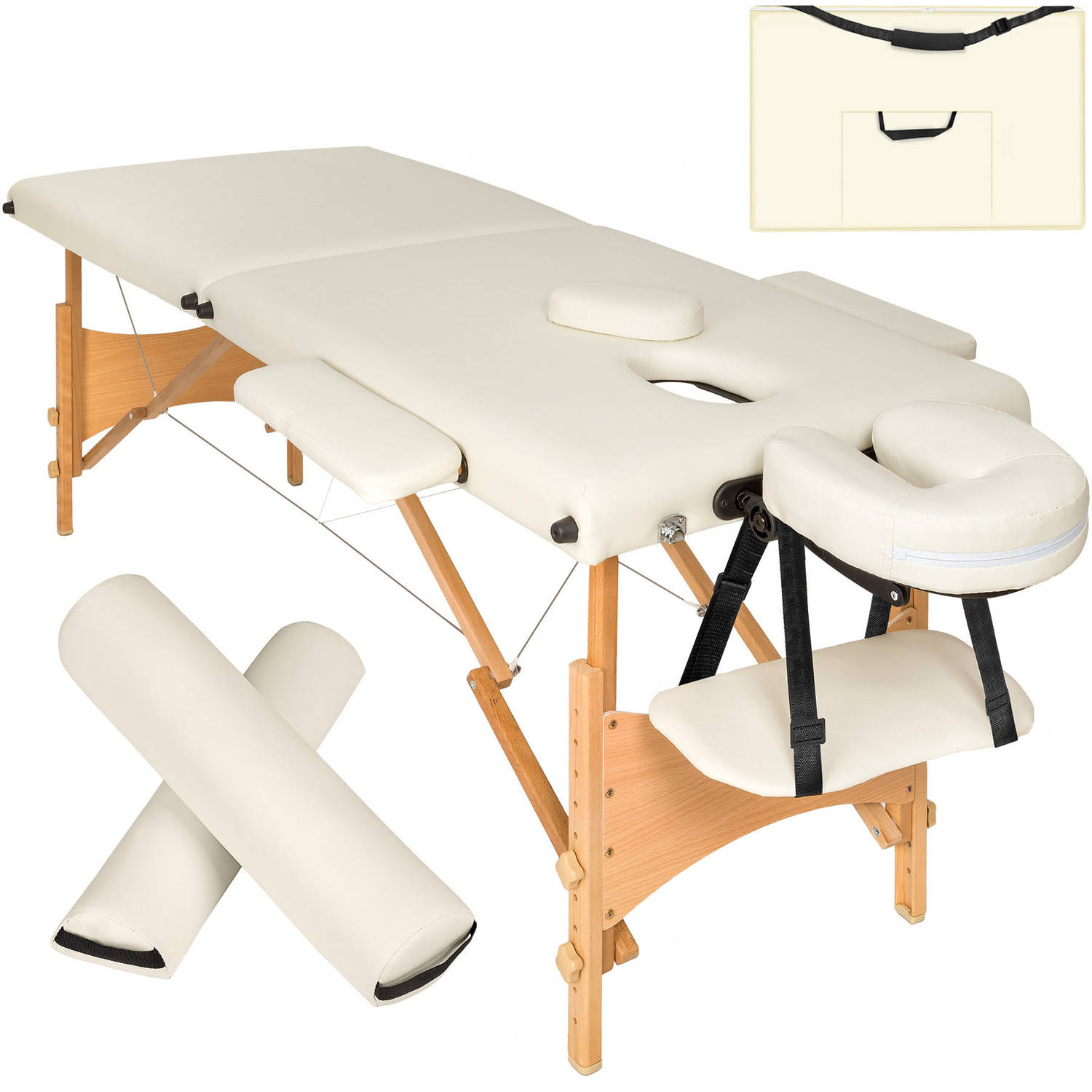 tectake® 2 zones massagetafel-set met 5cm matras, rolkussens en houten frame beige 404744