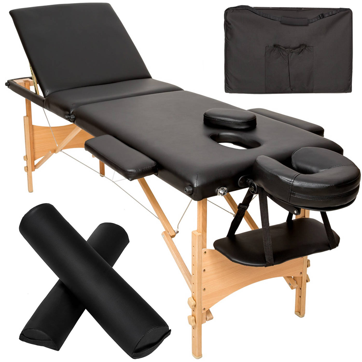tectake® 3 zones massagetafel-set Daniel met 3cm matras, rolkussens en houten frame zwart 404748