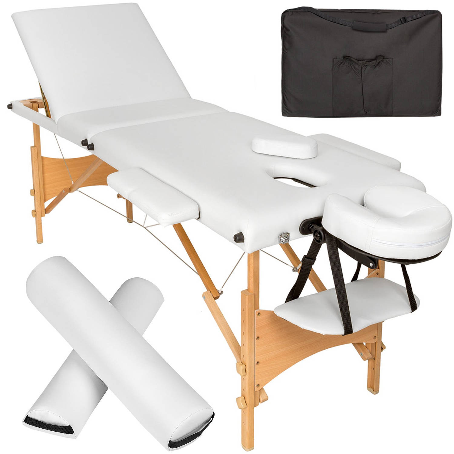 tectake - 3 zones massagetafel-set Daniel met 3cm matras, rolkussens en houten frame - wit - 404749