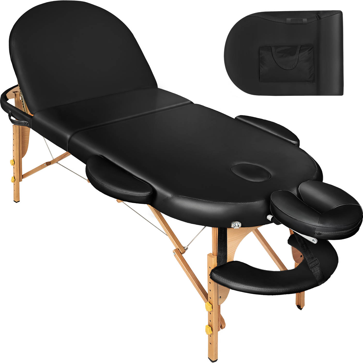 tectake® Massagetafel ovaal, zwart, 5 cm matras in hoogte verstelbaar, incl. accessoires 404371