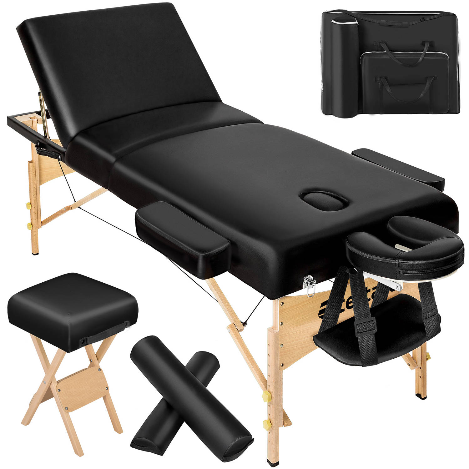 tectake® Massagetafel matras 10 cm hoog en houten frame + zwarte rolkussens, draagtas en kruk zwart 
