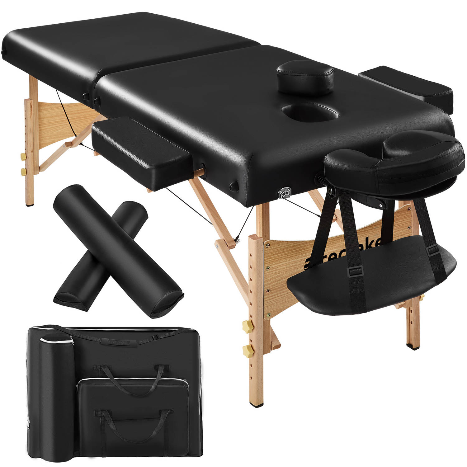 tectake® Massagetafel met matras van 7,5 cm hoog + zwarte rolkussens en draagtas