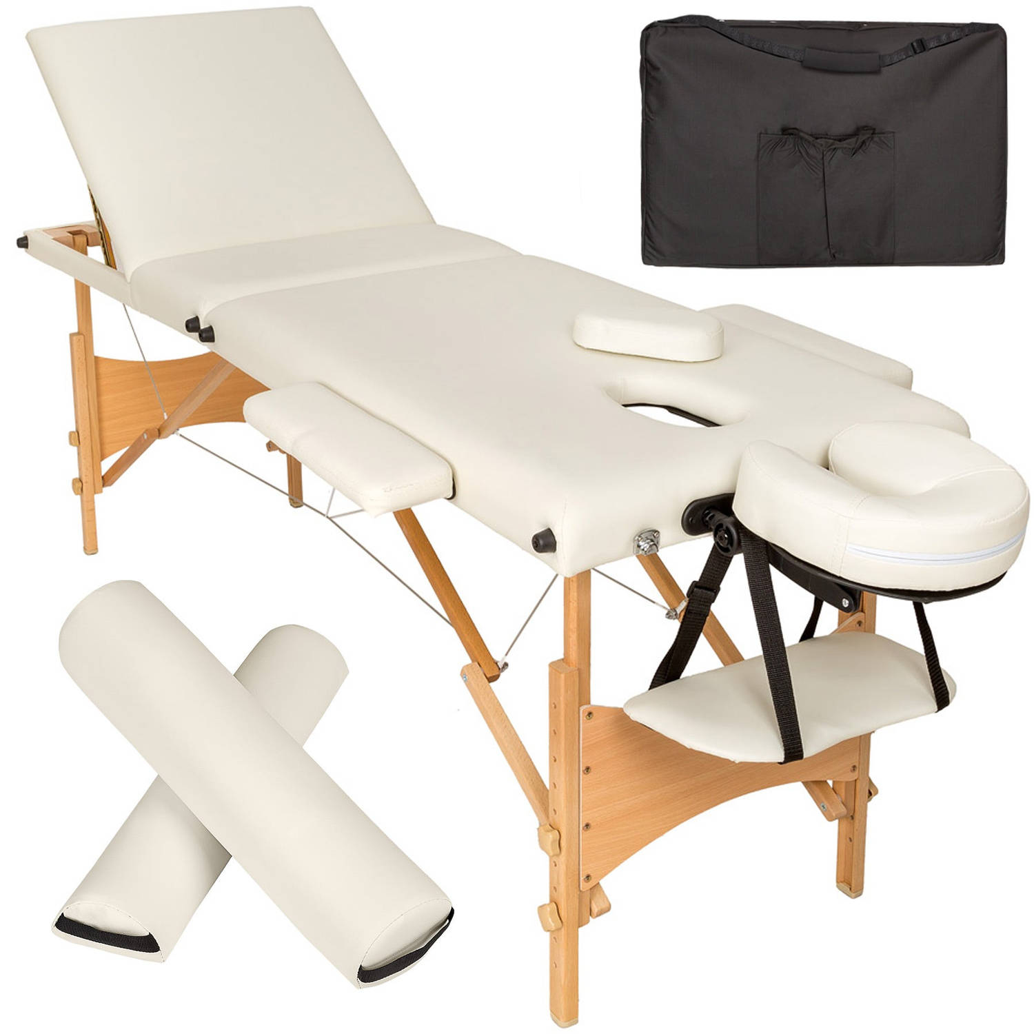 tectake - 3 zones massagetafel-set Daniel met 3cm matras, rolkussens en houten frame + tas - diverse kleuren - beige - 404747