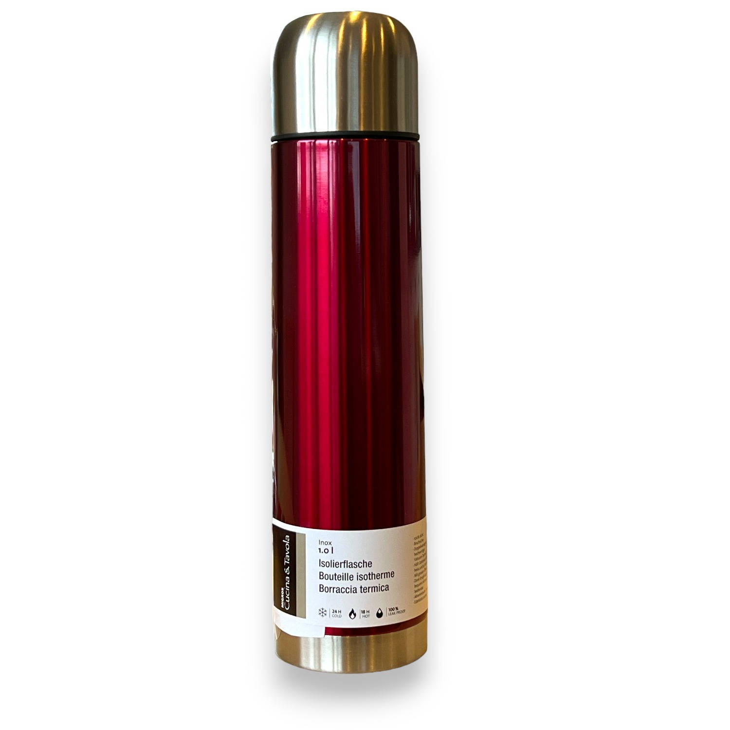 Thermosfles met beker, 1000 ml, rood, roestvrij staal 33 x 8 x 8 x cm