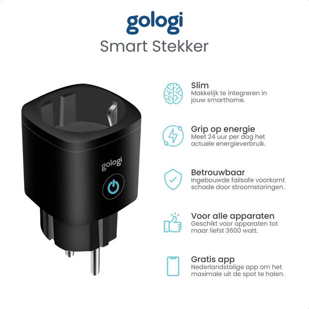 Gologi Slimme stekker buiten - Smart plug - IP44 - Tijdschakelaar & Energiemeter - WIFI - Google Home & Alexa - Zwart