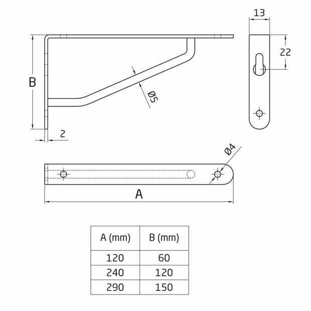 AMIG Plankdrager/steun/muurbeugel - rvs metaal - zilver - H60 x B120 mm - Tot 75 kg - Plankdragers