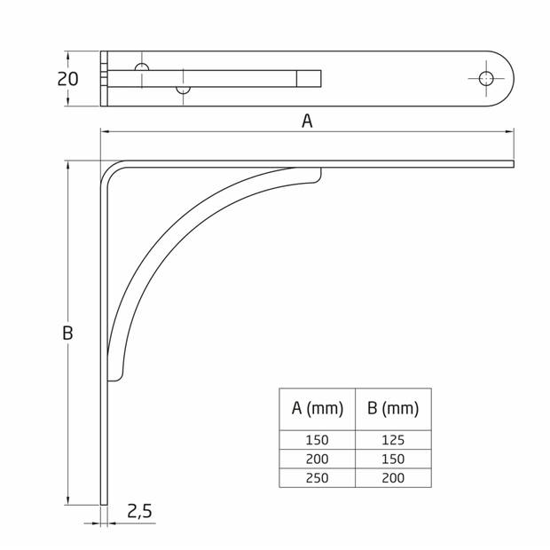 AMIG Plankdrager/planksteun van metaal - gelakt zilvergrijs - H250 x B200 mm - Tot 65 kg - Plankdragers
