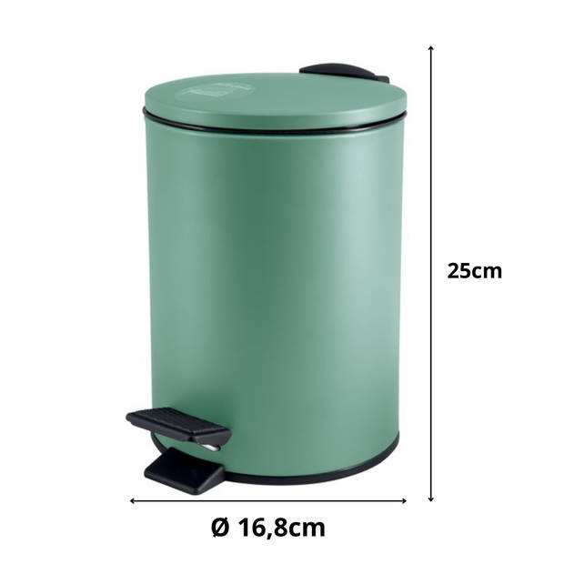 Spirella Pedaalemmer Cannes - salie groen - 3 liter - metaal - L17 x H25 cm - soft-close - toilet/badkamer - Pedaalemmer