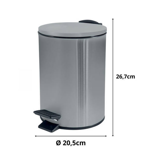 Spirella Pedaalemmer Cannes - zilver - 5 liter - metaal - L20 x H27 cm - soft-close - toilet/badkamer - Pedaalemmers