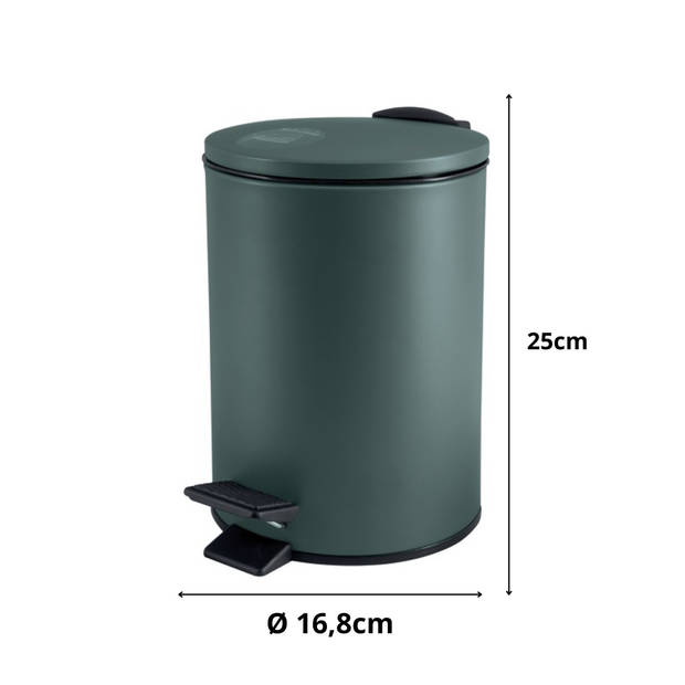 Spirella Pedaalemmer Cannes - donkergroen - 3 liter - metaal - L17 x H25 cm - soft-close - toilet/badkamer - Pedaalemmer