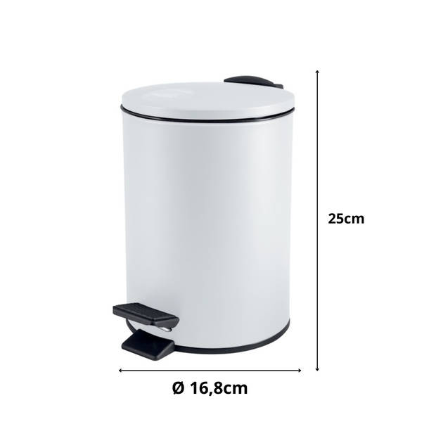 Spirella Pedaalemmer Cannes - wit - 3 liter - metaal - L17 x H25 cm - soft-close - toilet/badkamer - Pedaalemmers