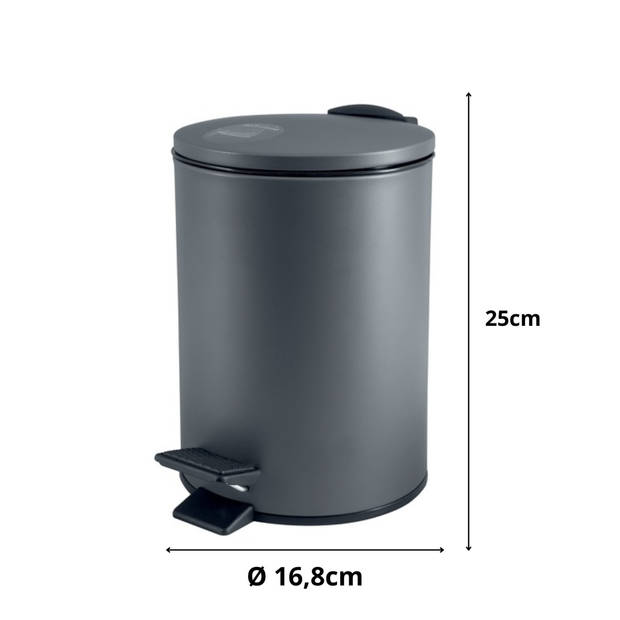 Spirella Pedaalemmer Cannes - donkergrijs - 3 liter - metaal - L17 x H25 cm - soft-close - toilet/badkamer - Pedaalemmer