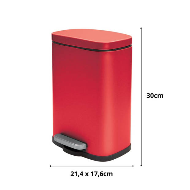Spirella Pedaalemmer Venice - rood - 5 liter - metaal - L21 x H30 cm - soft-close - toilet/badkamer - Pedaalemmers